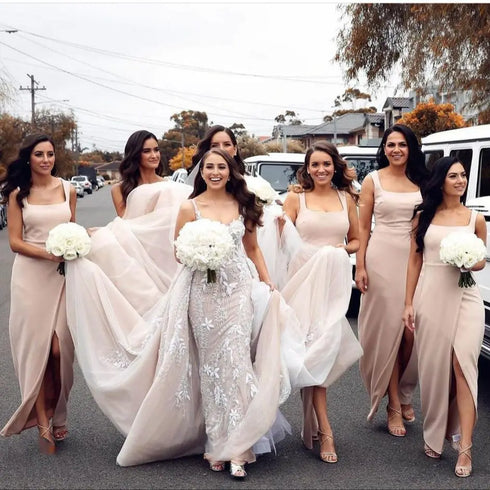 Bridesmaid Dress Stretchy Pencil Silhouette Satin Floor Length With Square Collar Front Split Dresses