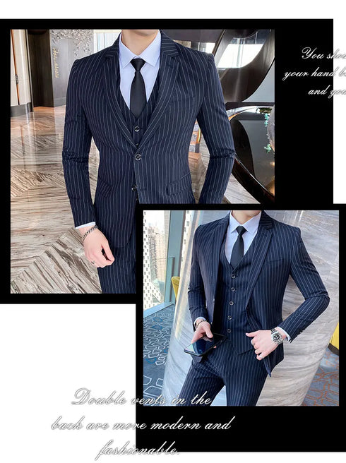 ( Jacket + Vest + Pants ) Prom Groom Tuxedos Male Wedding Suits 3Pcs Set Men's Striped Casual Business Suit