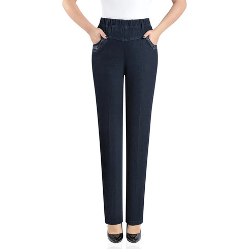 Autumn Casual Loose Fit Straight Leg Jeans for Middle-Aged Women with Pocket Embroidery - Perfect for Fall Outfits with Jeans and Everyday Style