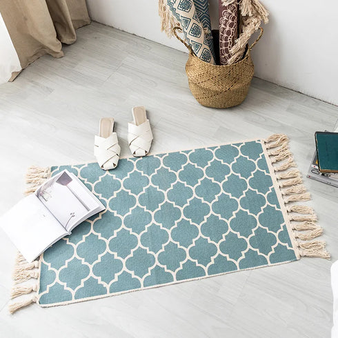 Ethnic Style Woven Linen Cotton Rectangle Rug Mat for Living Room and Bedroom Foot Pad