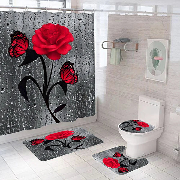 Red Rose and Butterfly Bathroom Mat and Shower Curtain Set Waterproof Eco-Friendly Design