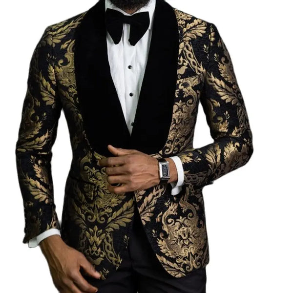African Fashion Floral Jacquard Men's Slim Fit Blazer with Velvet Shawl Lapel