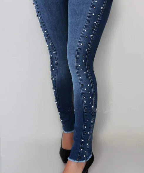 Casual High Waist Beaded Skinny Jeans - Perfect for Fall Outfits with Jeans, Stylish Denim Pencil Pants for a Chic Street Fashion Look