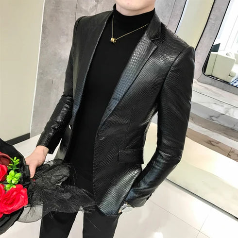 Stylish Slim Fit PU Leather Blazer Jackets for Men - Casual Business Suit Coats in 4XL Size for Autumn and Winter Wear