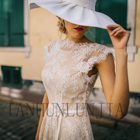 Customized Vintage Champagne Lace Bohemian Wedding Dress A Line Cap Sleeve Sexy Backless Bridal Gown