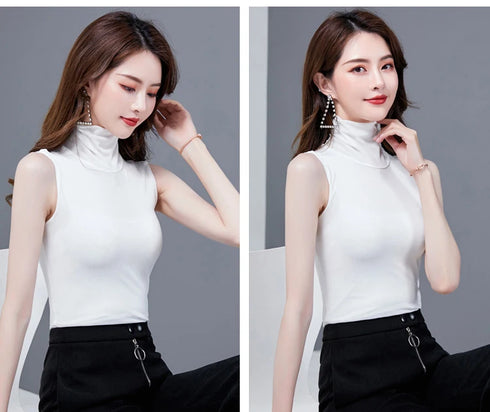 Sleeveless Lace Turtleneck Tank Tops For Women Summer Casual Korean Tees