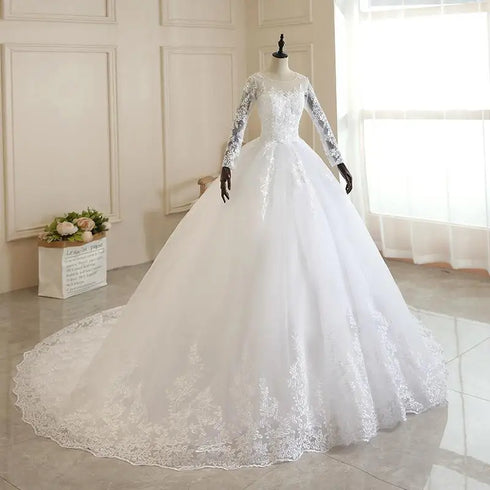 Vintage O Neck Full Sleeve Wedding Dress Lace Embroidery Gown