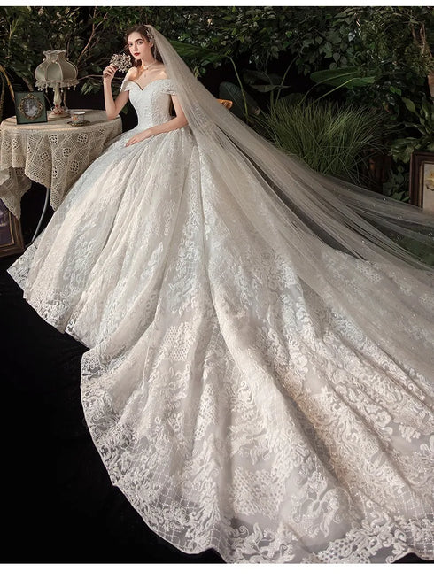 Wedding Dress Elegant Boat Neck Gown with Train Luxury Lace