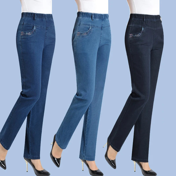 Autumn Casual Loose Fit Straight Leg Jeans for Middle-Aged Women with Pocket Embroidery - Perfect for Fall Outfits with Jeans and Everyday Style