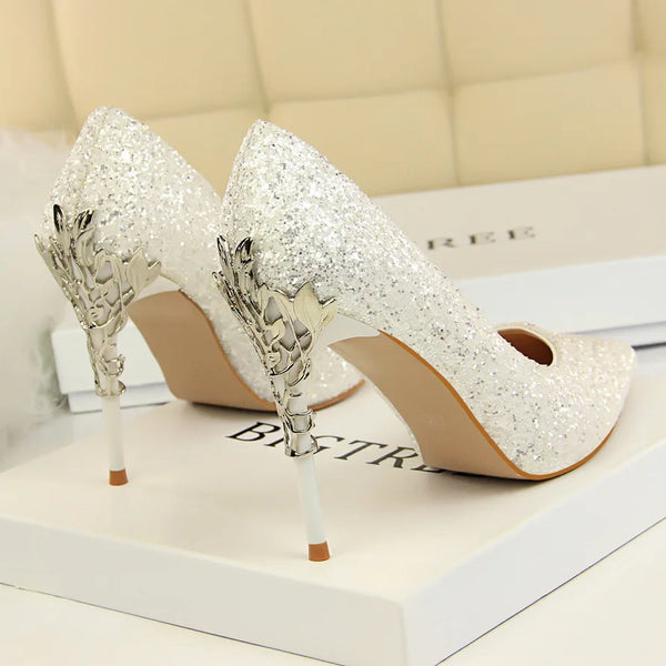 Women Pumps Thin Heel Pointed Toe Bling Bridal Wedding Shoes