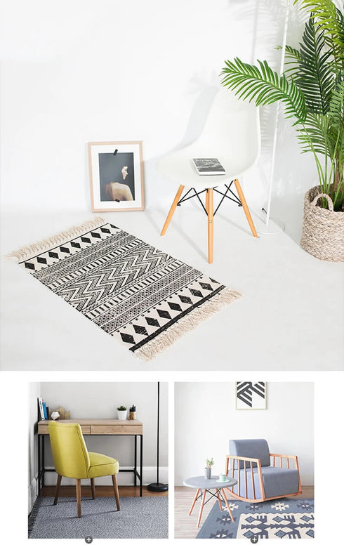 Ethnic Style Woven Linen Cotton Rectangle Rug Mat for Living Room and Bedroom Foot Pad