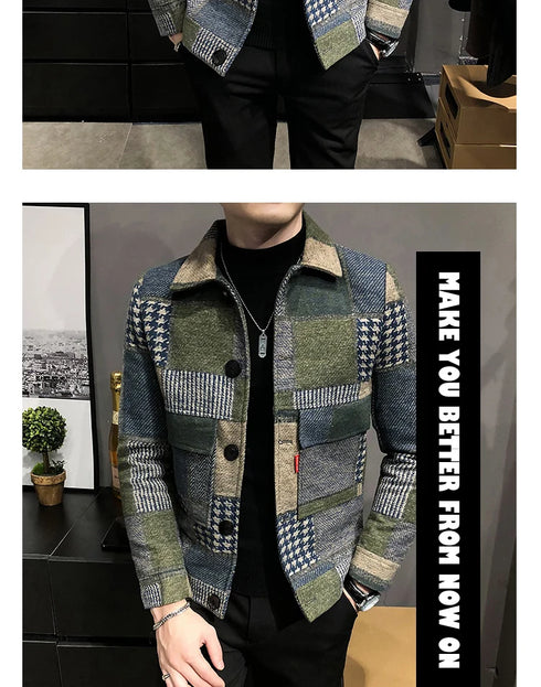 Men's Casual Lapel Hoodless Jacket - Slim Fit Plaid Woolen Coat for Autumn and Winter Fashion