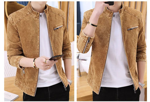 Men's Retro Motorcycle Denim Jacket with Stand Collar, Long Sleeve Zippered Casual Outerwear for Spring and Autumn Fashion