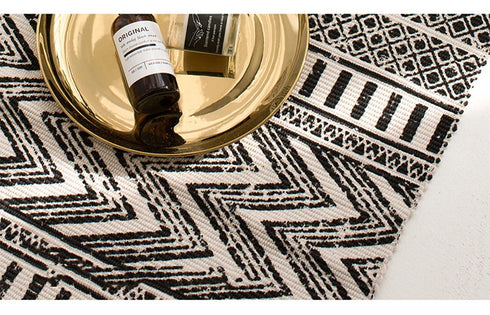 Ethnic Style Woven Linen Cotton Rectangle Rug Mat for Living Room and Bedroom Foot Pad