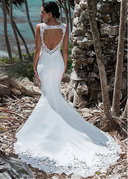 LORIE Sexy Mermaid Wedding Dress Sleeveless Lace Appliqued Gown