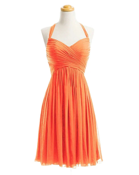 Bridesmaid Dress A Line Chiffon Knee Length Sweetheart Halter Zipper Back Dresses