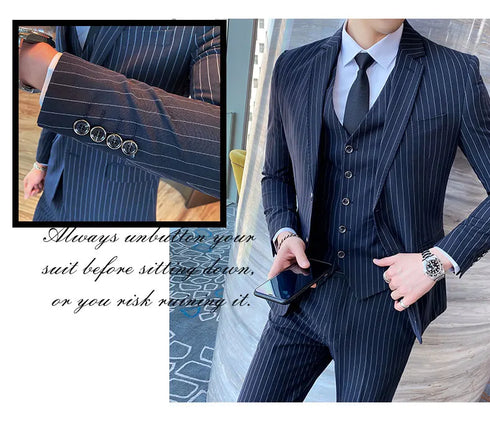( Jacket + Vest + Pants ) Prom Groom Tuxedos Male Wedding Suits 3Pcs Set Men's Striped Casual Business Suit