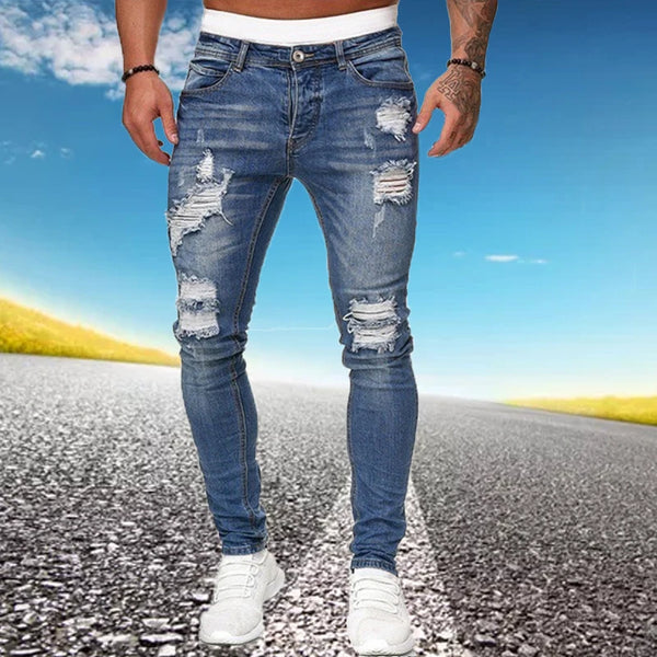 Men's Distressed Ripped Skinny Jeans - Moto & Biker Casual Denim Trousers