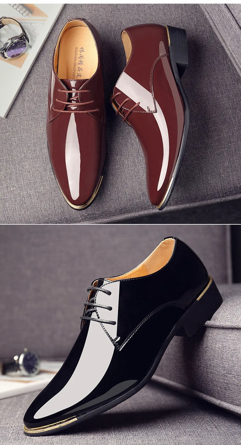 Men's Pointed Toe Patent Leather Dress Shoes - Elegant Lace-Up Styles for Weddings and Business Events