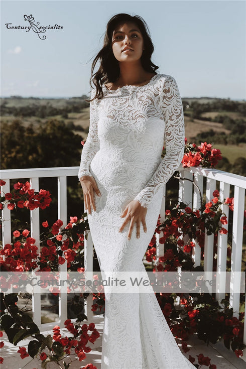 Backless Mermaid Wedding Dresses Boho Long Sleeve Lace Bridal Gown