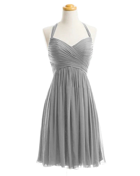 Bridesmaid Dress A Line Chiffon Knee Length Sweetheart Halter Zipper Back Dresses