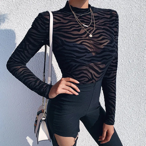 Mesh Transparent Sexy Long Sleeve Bodysuit for Women Party and Club Wear