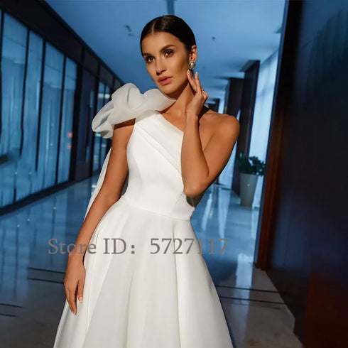 Charming One Shoulder A Line Wedding Gowns Big Bow Ruched Long Train Bridal Dresses
