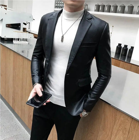 Stylish Slim Fit PU Leather Blazer Jackets for Men - Casual Business Suit Coats in 4XL Size for Autumn and Winter Wear