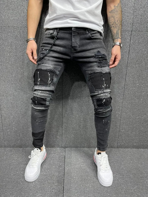 Men's Distressed Ripped Biker Jeans - Slim-Fit Pencil Denim Trousers with Zipper Detail