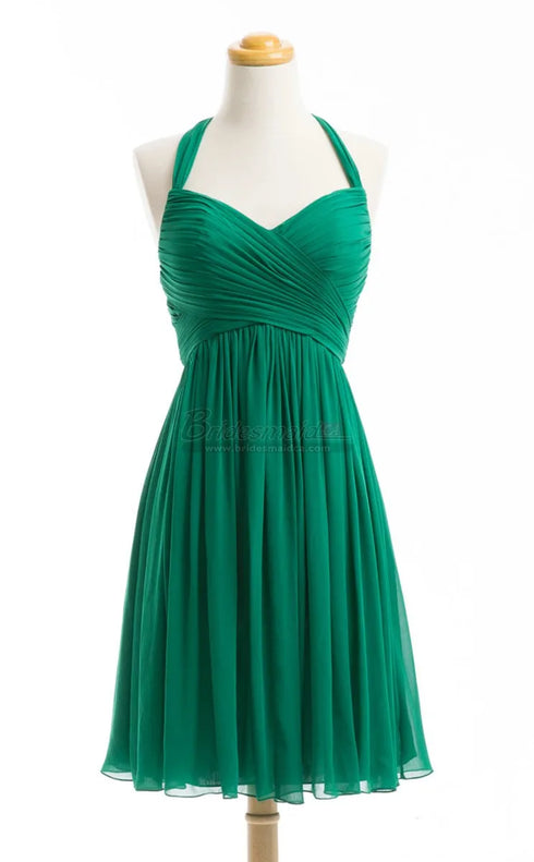 Bridesmaid Dress A Line Chiffon Knee Length Sweetheart Halter Zipper Back Dresses