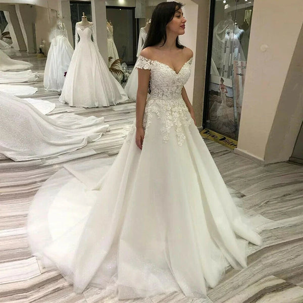 BEPEITHY Customized Off The Shoulder Lace Wedding Dress A Line Court Train Bridal Gown