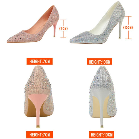 Rhinestone Stiletto Wedding Pumps for Women - Crystal Embellished Pointed Toe Heeled Shoes