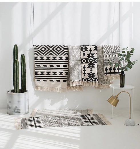 Ethnic Style Woven Linen Cotton Rectangle Rug Mat for Living Room and Bedroom Foot Pad