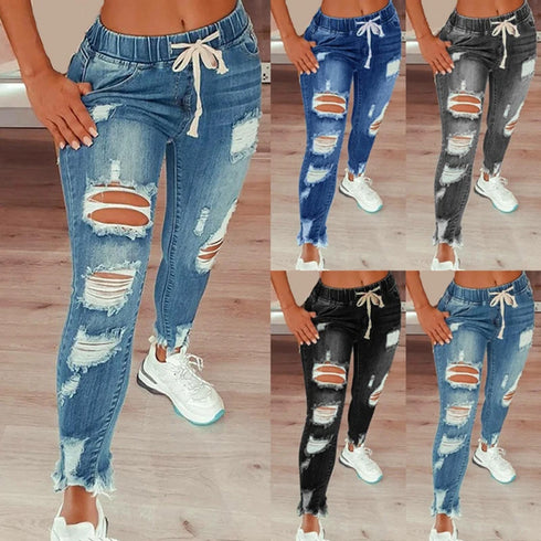 Casual Drawstring Denim Jeans for Women - Ripped Hole Stretch Skinny Pencil Pants Perfect for Fall Outfits Jeans and Homecoming Events