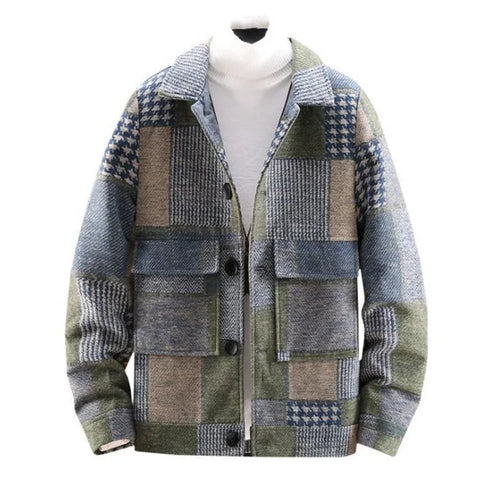 Men's Casual Lapel Hoodless Jacket - Slim Fit Plaid Woolen Coat for Autumn and Winter Fashion