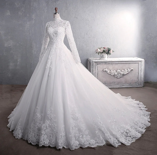 Muslim Wedding Dress Elegant High Neck Train Luxury Lace Gown