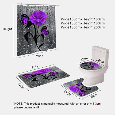 Red Rose and Butterfly Bathroom Mat and Shower Curtain Set Waterproof Eco-Friendly Design
