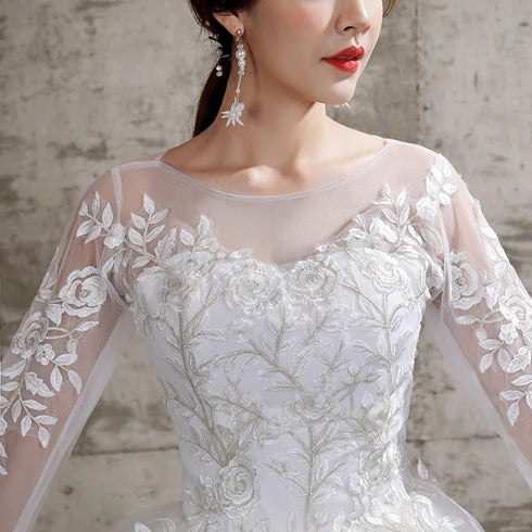 Summer Korean Light Wedding Dress Off White Bride Long Sleeve Lace Appliques