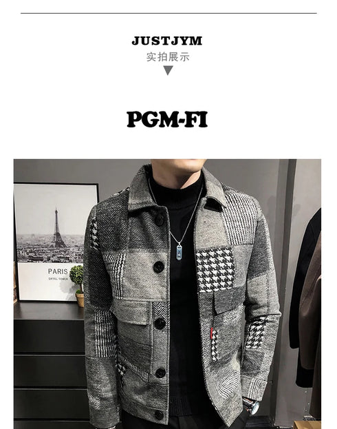 Men's Casual Lapel Hoodless Jacket - Slim Fit Plaid Woolen Coat for Autumn and Winter Fashion