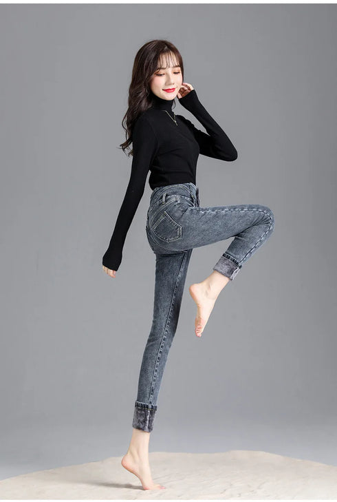 Warm High-Waist Fleece-Lined Skinny Jeans for Women - Perfect for Casual Fall Outfits and Stylish Pencil Pants Looks
