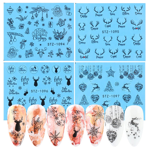 Winter Wonderland Nail Art Stickers with Snowflakes, Cute Santa, Snowman, and Winter Birds for Festive Manicure Decoration - 4pcs Set of Water Transfer Sliders and Temporary Tattoos