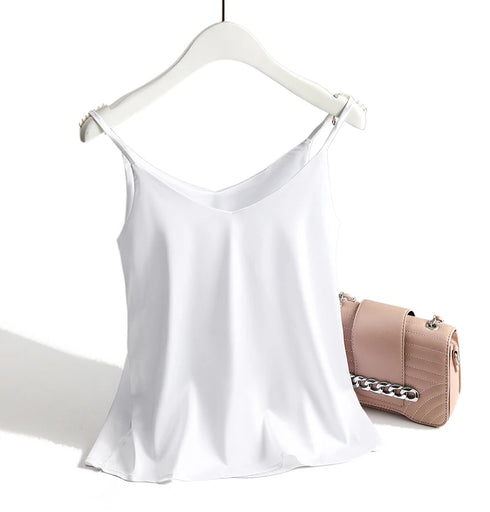 Spaghetti Strap Satin Silk Tank Top Women Sleeveless Halter V Neck Camisole Summer Casual Cami