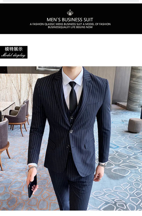 ( Jacket + Vest + Pants ) Prom Groom Tuxedos Male Wedding Suits 3Pcs Set Men's Striped Casual Business Suit