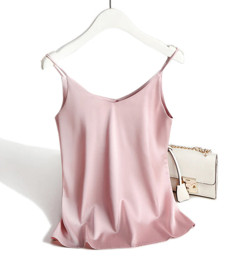 Spaghetti Strap Satin Silk Tank Top Women Sleeveless Halter V Neck Camisole Summer Casual Cami