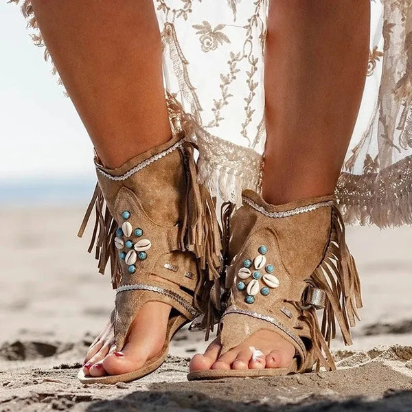 Retro Floral Fringe Wedge Sandals for Women - Casual Summer Flip Flops