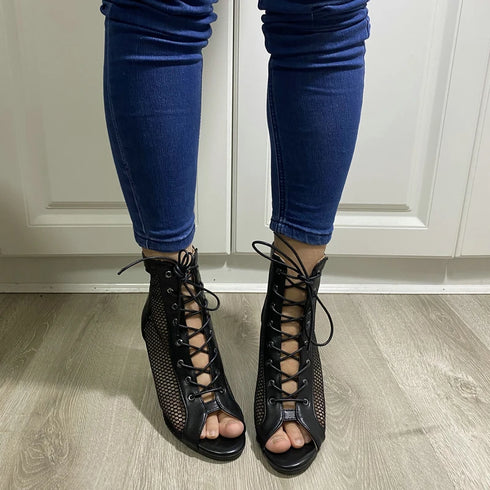 Sexy High Heels Hollow Mesh Sandals for Summer Fashion Comfort Peep Toe Stilettos Jazz Dance Female Shoes Plus Size