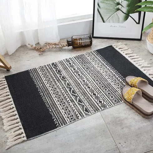 Ethnic Style Woven Linen Cotton Rectangle Rug Mat for Living Room and Bedroom Foot Pad