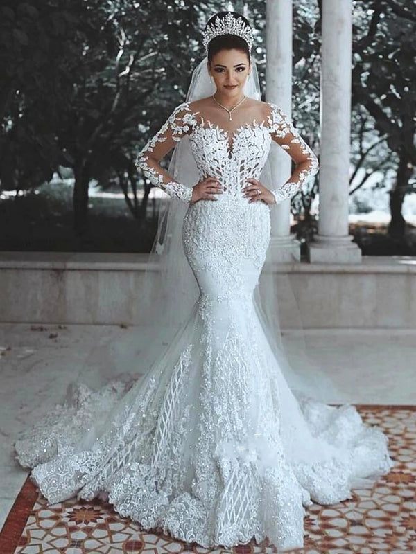 Sparkly Lace Wedding Dress Mermaid Illusion Bodice Bridal Gown