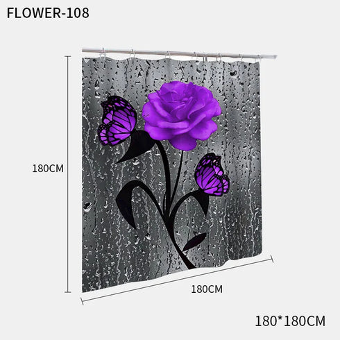Red Rose and Butterfly Bathroom Mat and Shower Curtain Set Waterproof Eco-Friendly Design