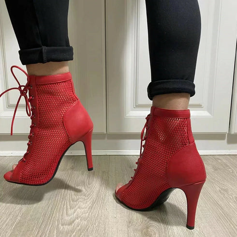 Sexy High Heels Hollow Mesh Sandals for Summer Fashion Comfort Peep Toe Stilettos Jazz Dance Female Shoes Plus Size